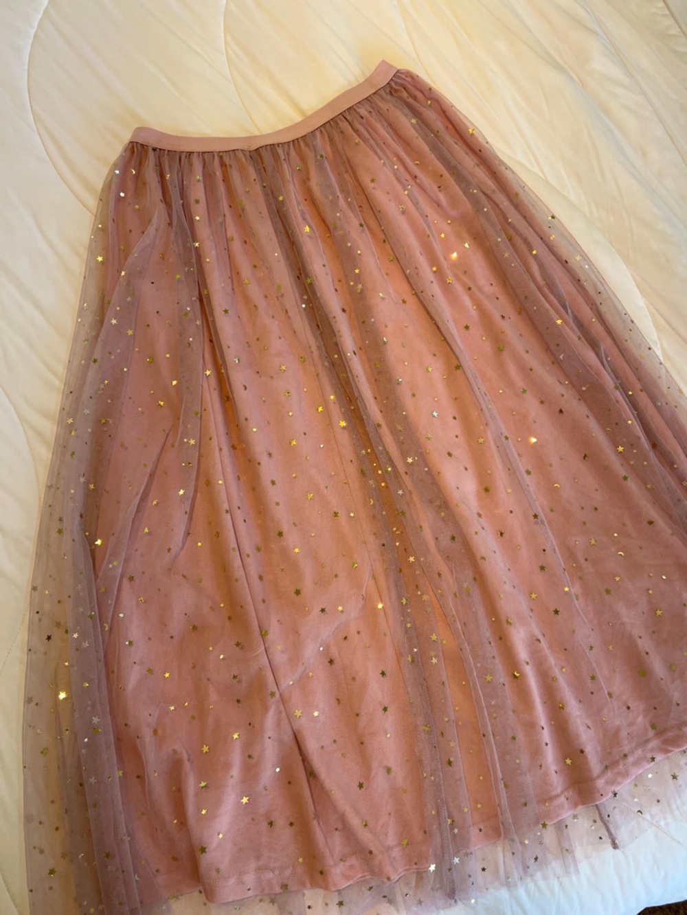 Dusty Pink Tulle Midi Skirt with Sparkly Gold Star Detail